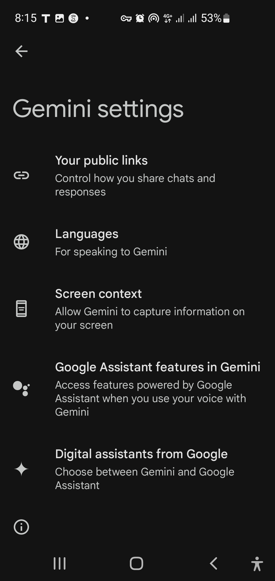 صفحه تنظیمات برنامه Gemini