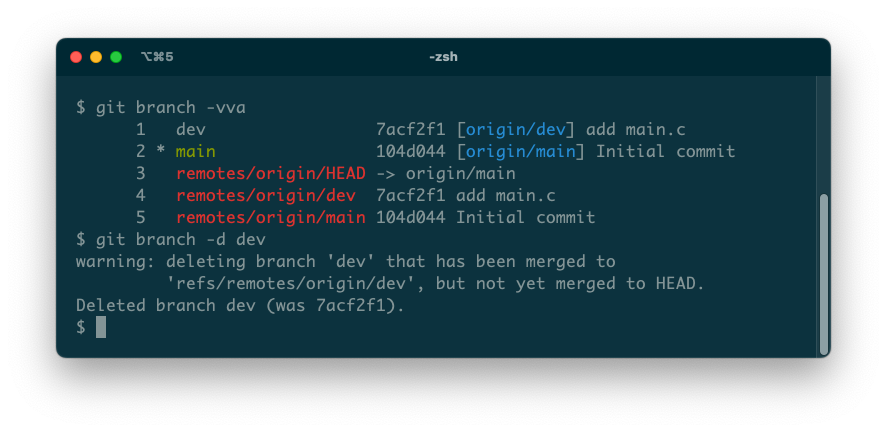 A git error message explaining that the deleted branch has been merged to the remote, but not HEAD.