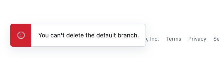 A GitHub error message explaining that you cannot delete the default branch.