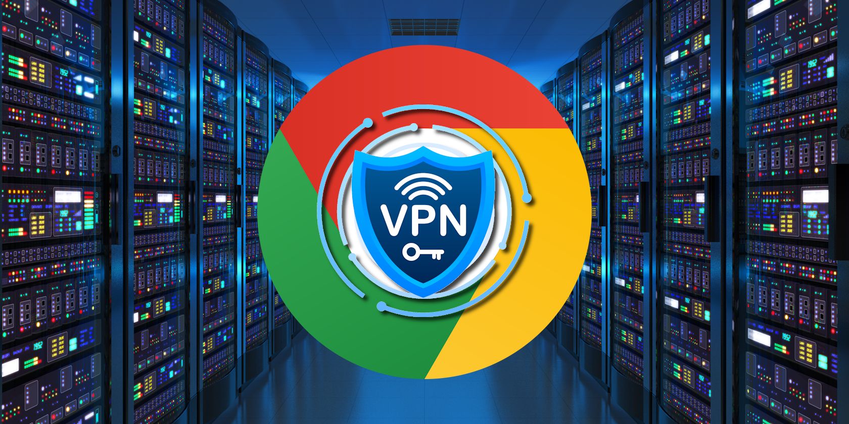 google chrome logo with vpn badge on server room background