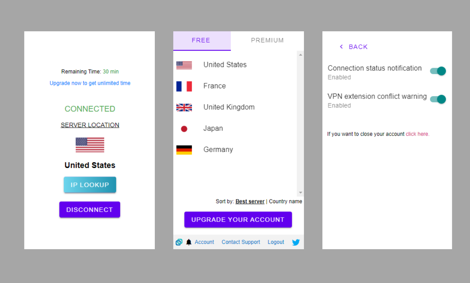 screenshot of key hoxx vpn extension pages