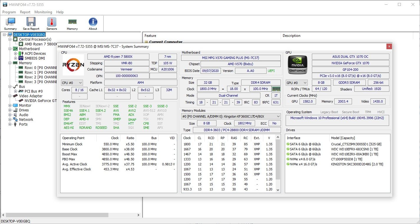 hwinfo64 showing computer summary data screen