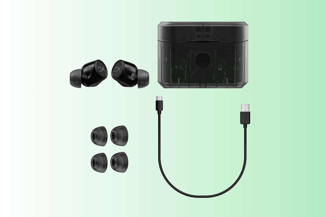 HyperX Cirro Buds Pro with earbud replacements, usb-c cable, and charging case