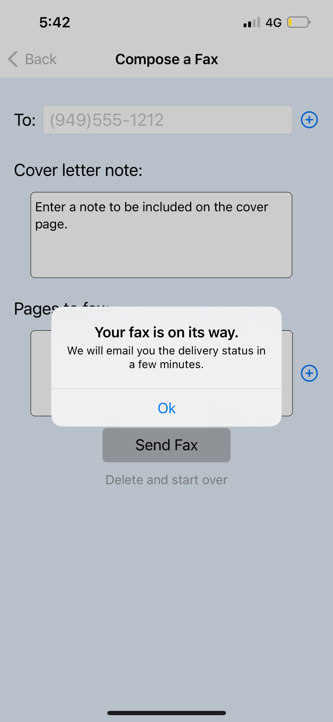 your fax is on its way popup in faxburner