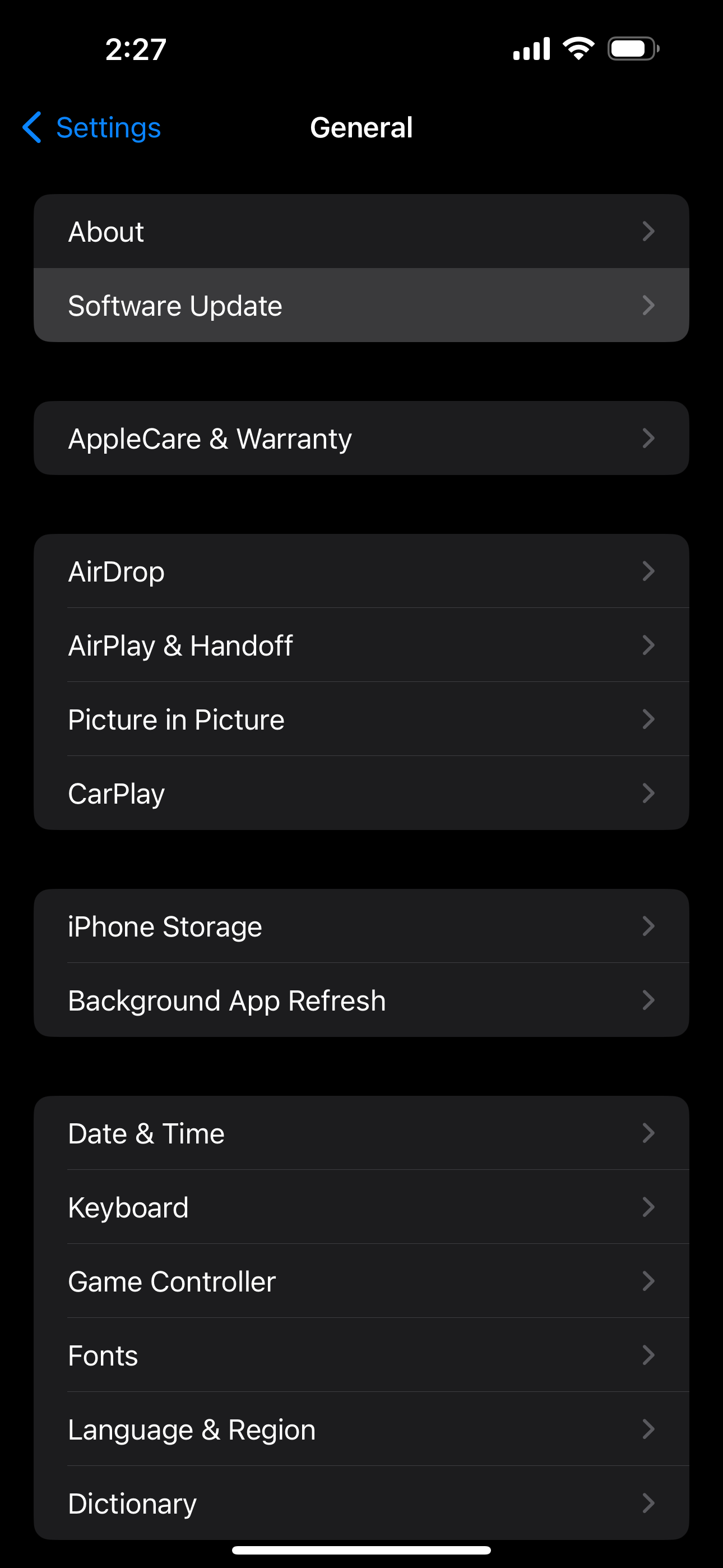 iOS General settings menu highlighting Software Update
