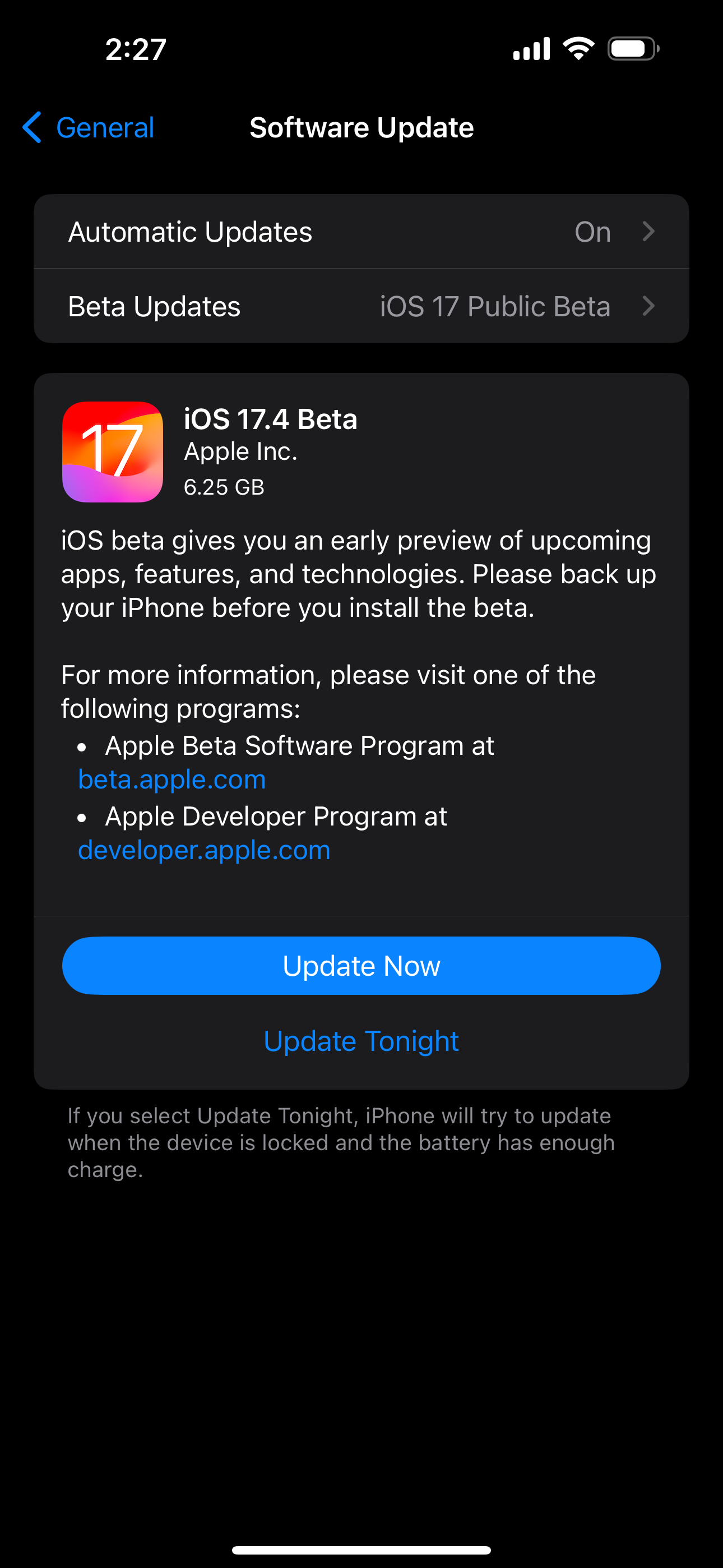 iOS Software Update menu showing iOS 17.4 update available