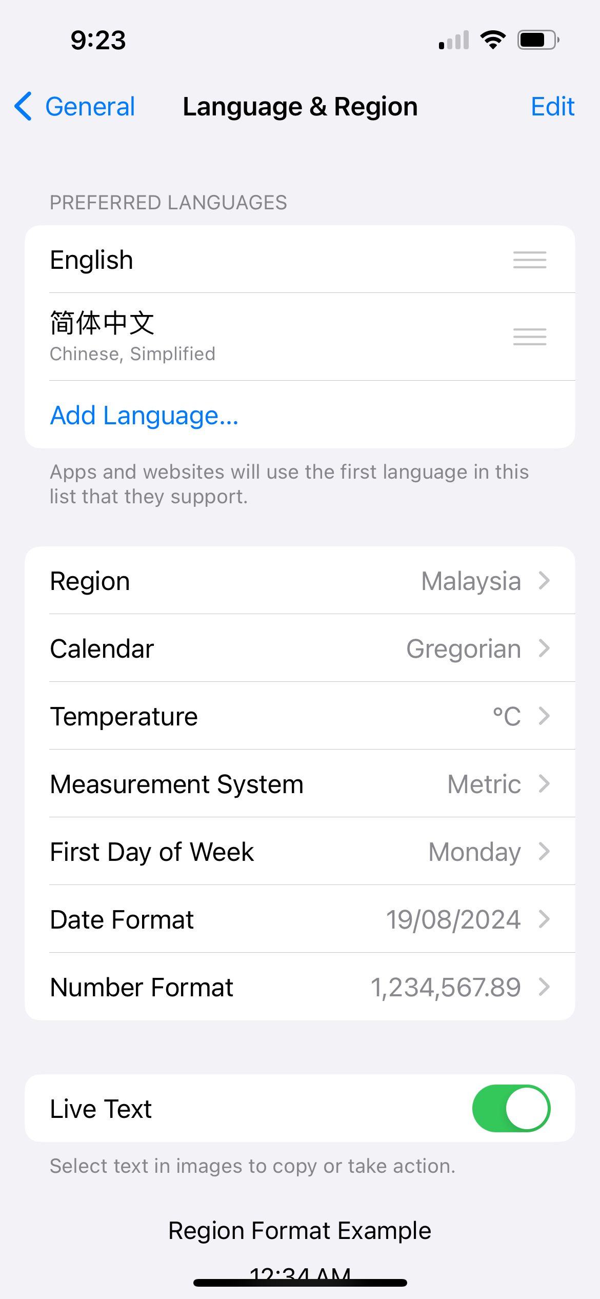 iphone language & region settings