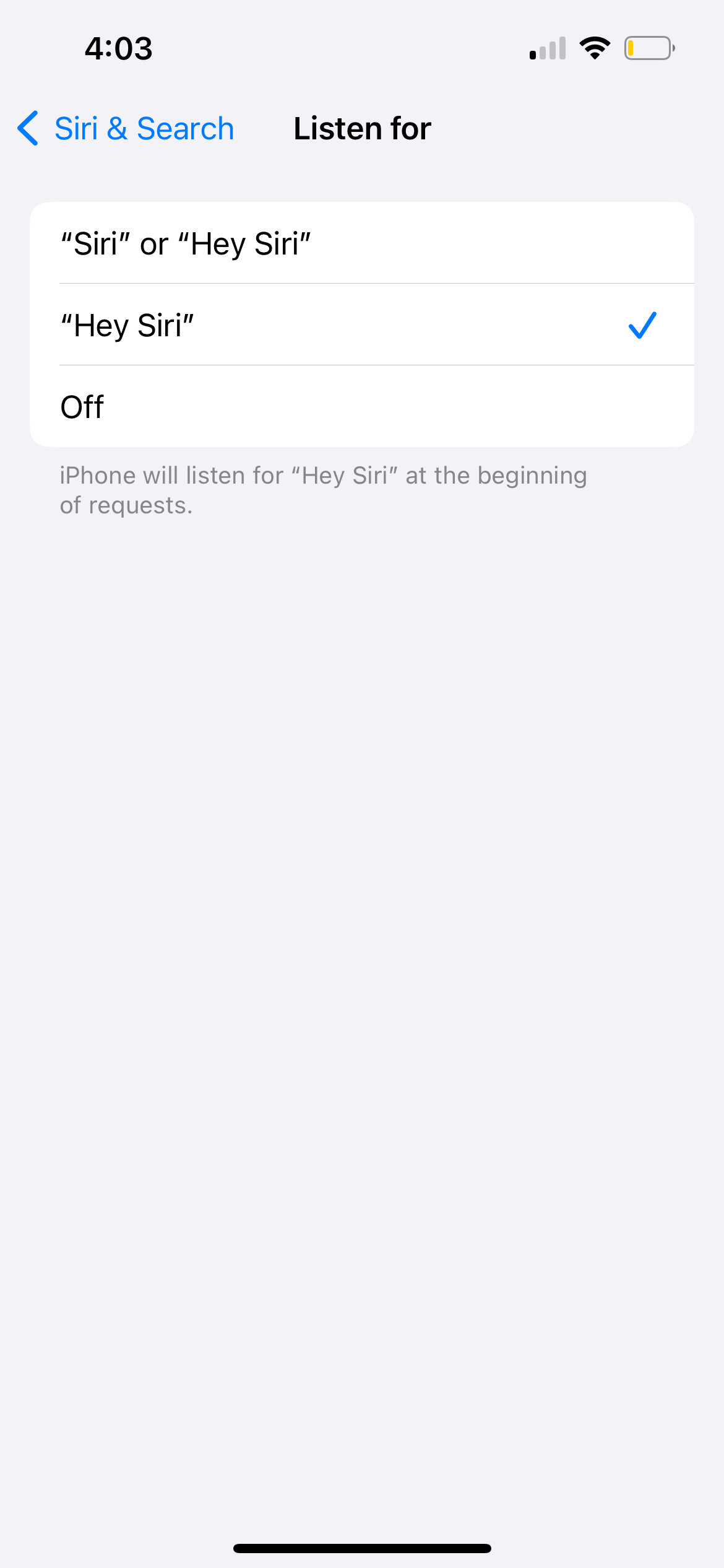 iphone listen for siri settings showing hey siri selected