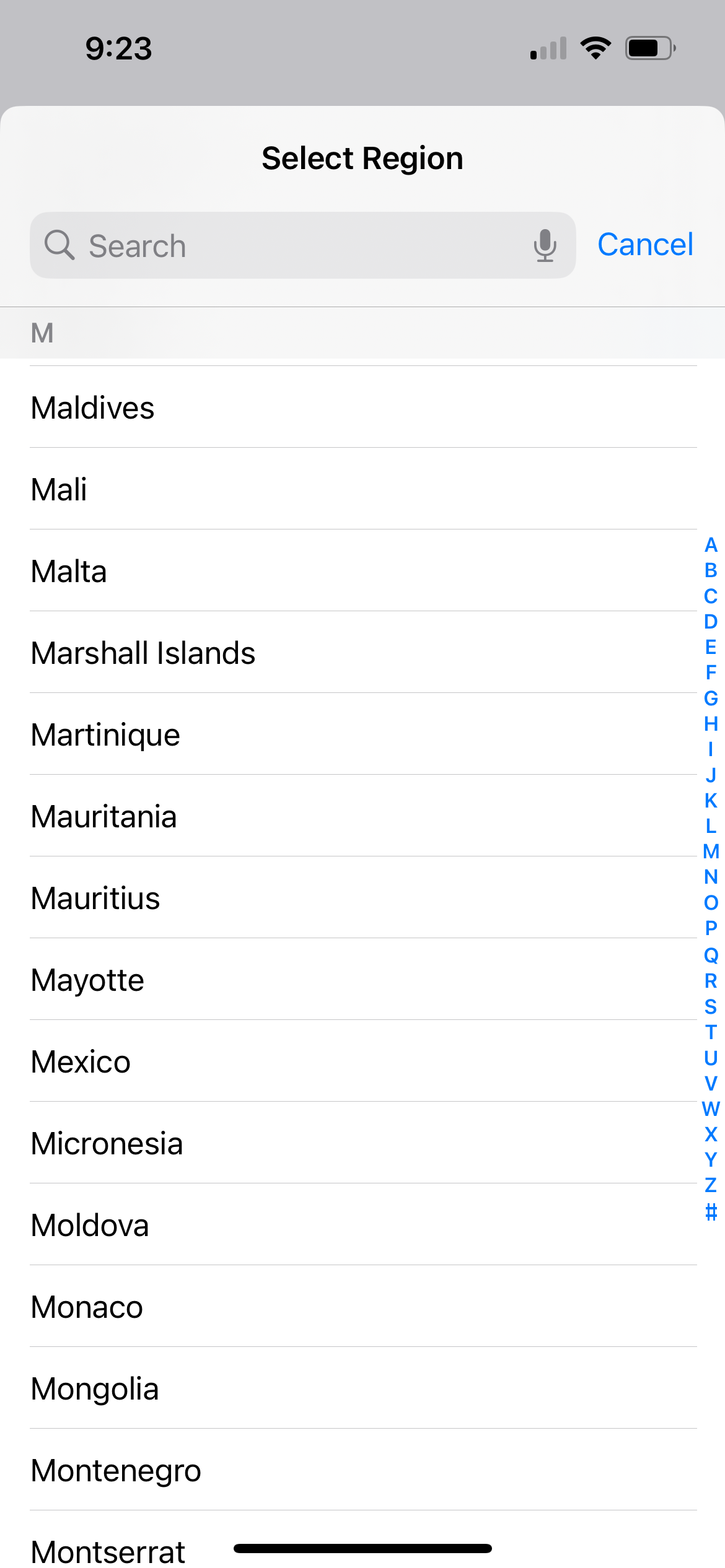 iphone region select list
