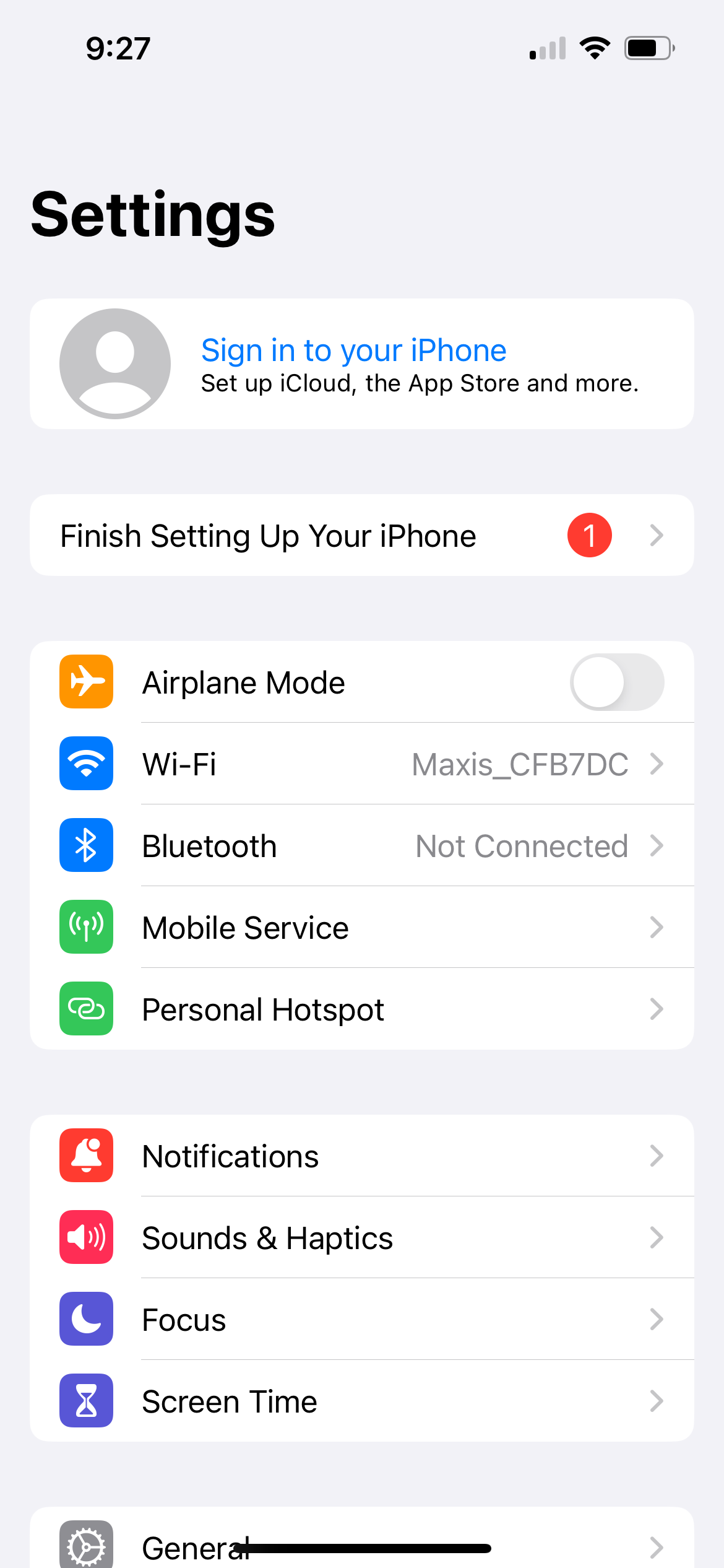 iphone settings showing apple id not signed in yet
