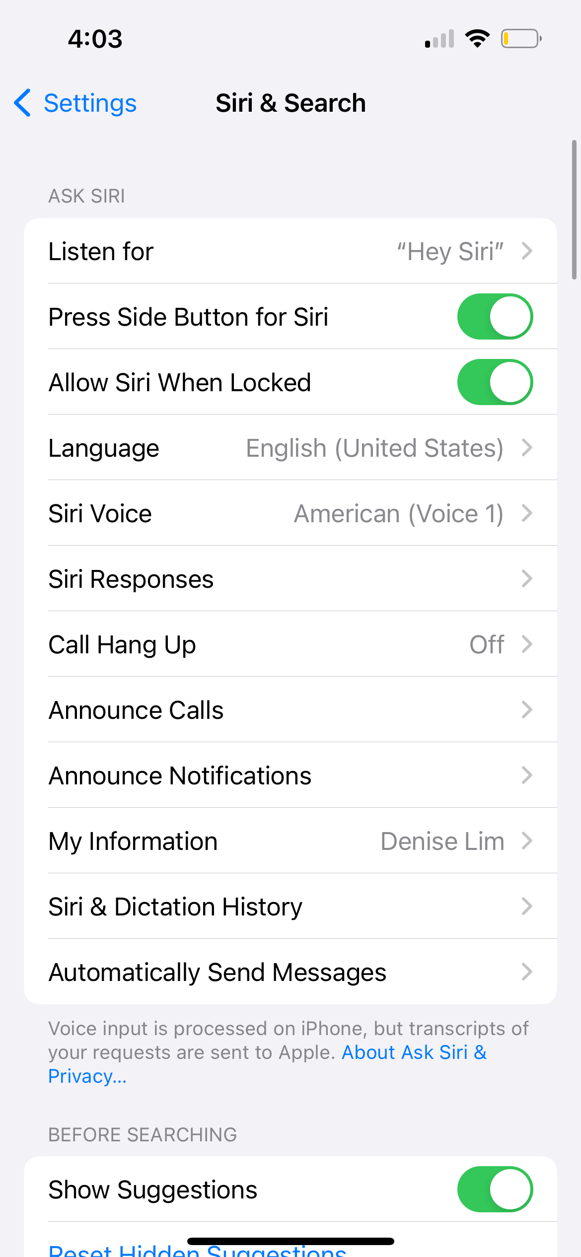 iphone siri & search settings 