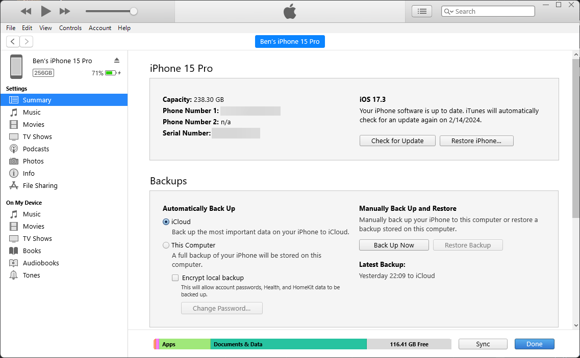 iTunes Windows Summary tab of iPhone