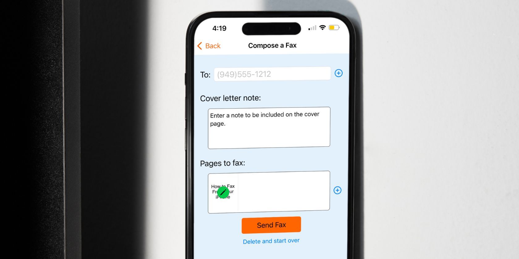 iphone showing the FaxBurner app's compose a fax page