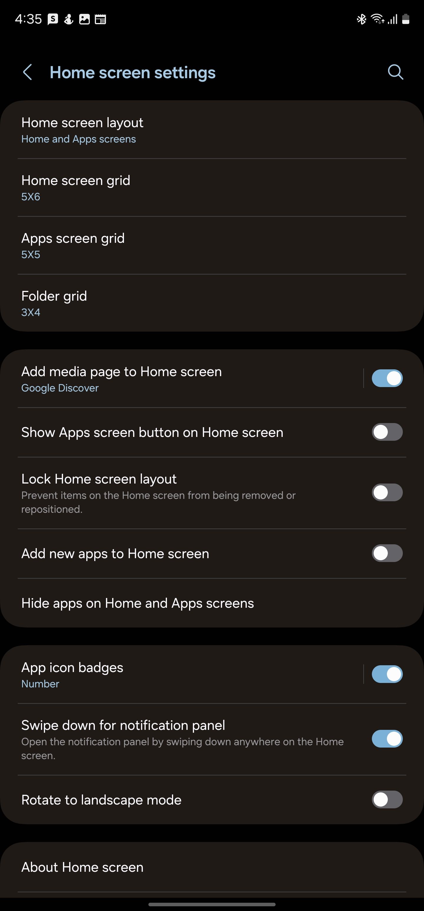 One UI launcher home screen settings