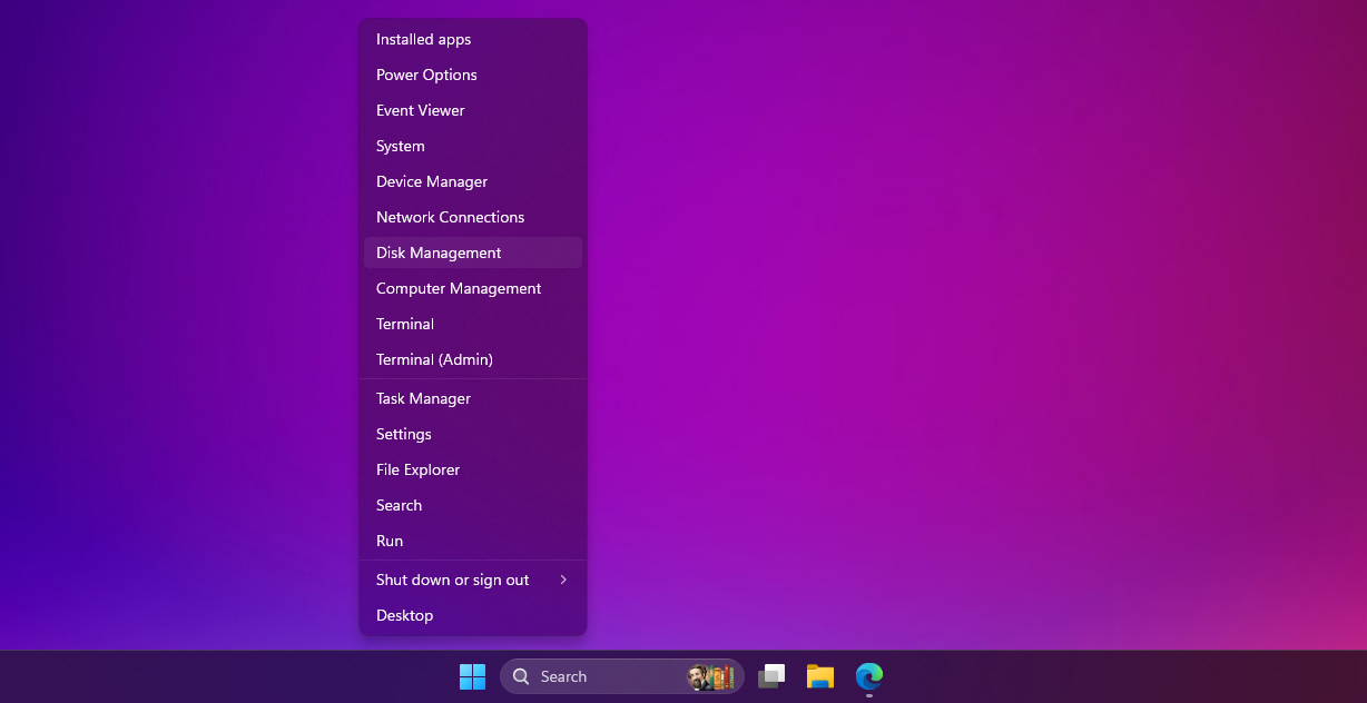 Открытие управления дисками из меню быстрого доступа в Windows 11