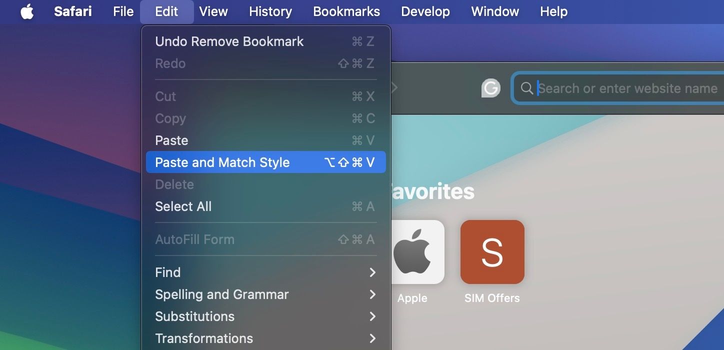 Paste and Match Style option highlighted in the menu bar