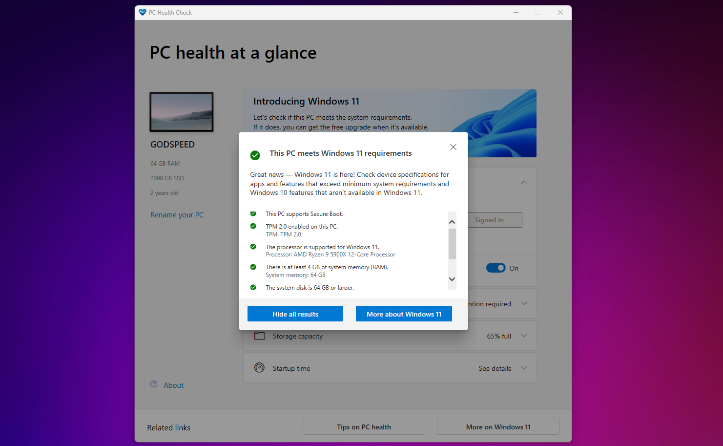 PC Health Check app running on Windows