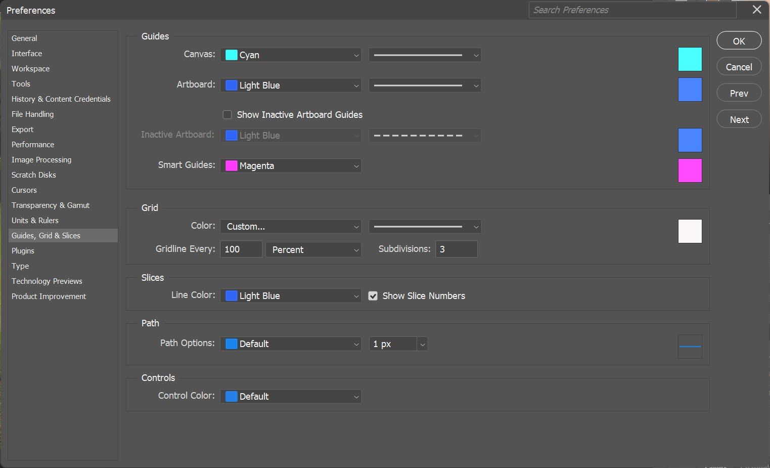 Photoshop Preferences and settings for the Grid layout