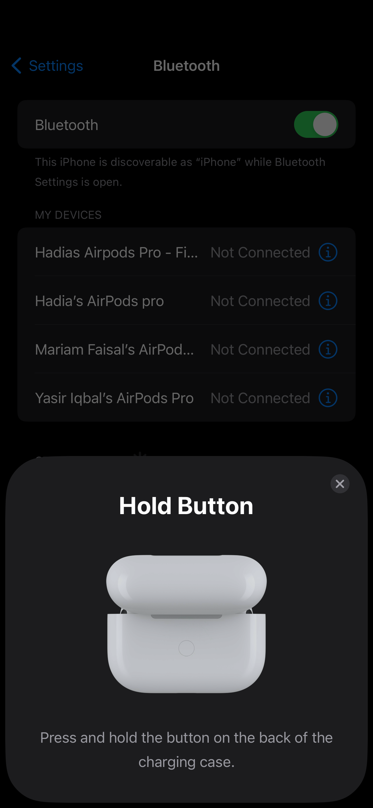 منوی پاپ آپی که دکمه AirPods را فشار دهید