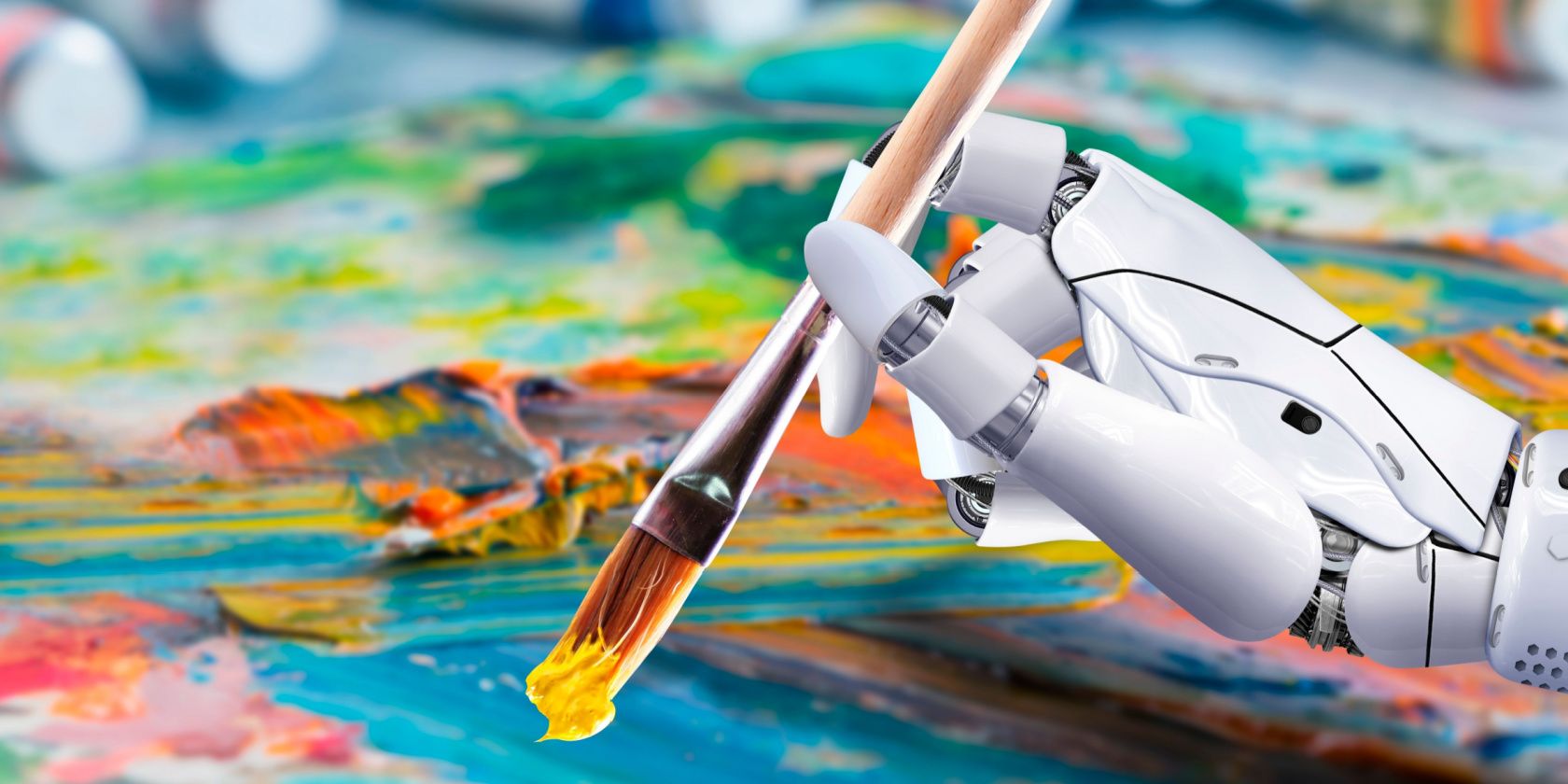 Robot Hand Holding Paintbrush Over Colorful Canvas