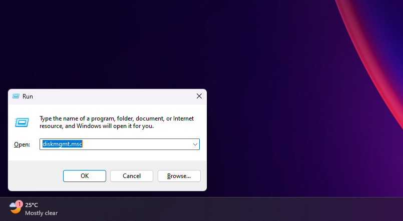 Run dialog box with diskmgmt command in Windows 11