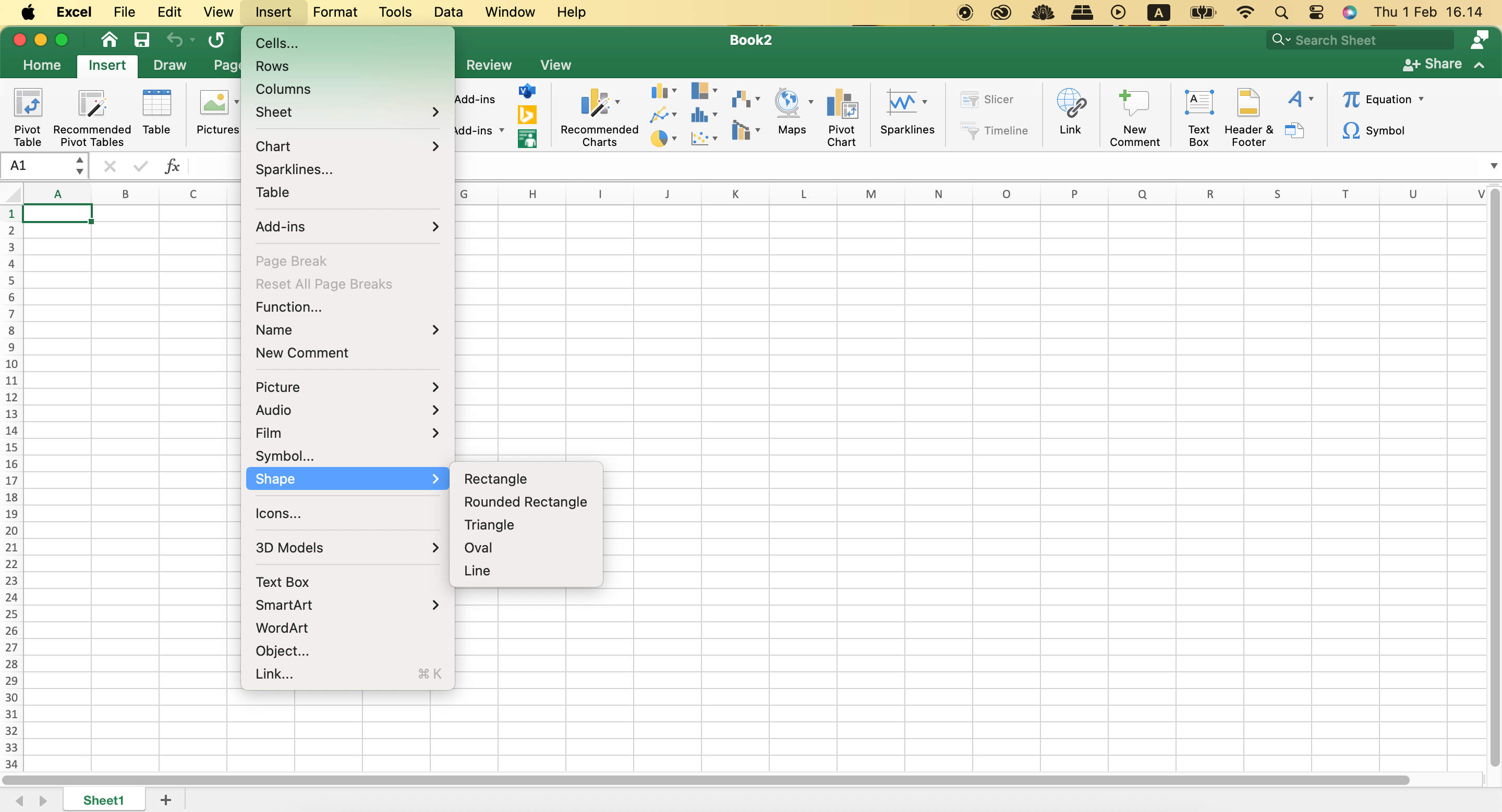 Selectați Forme în Excel prin fila Inserare