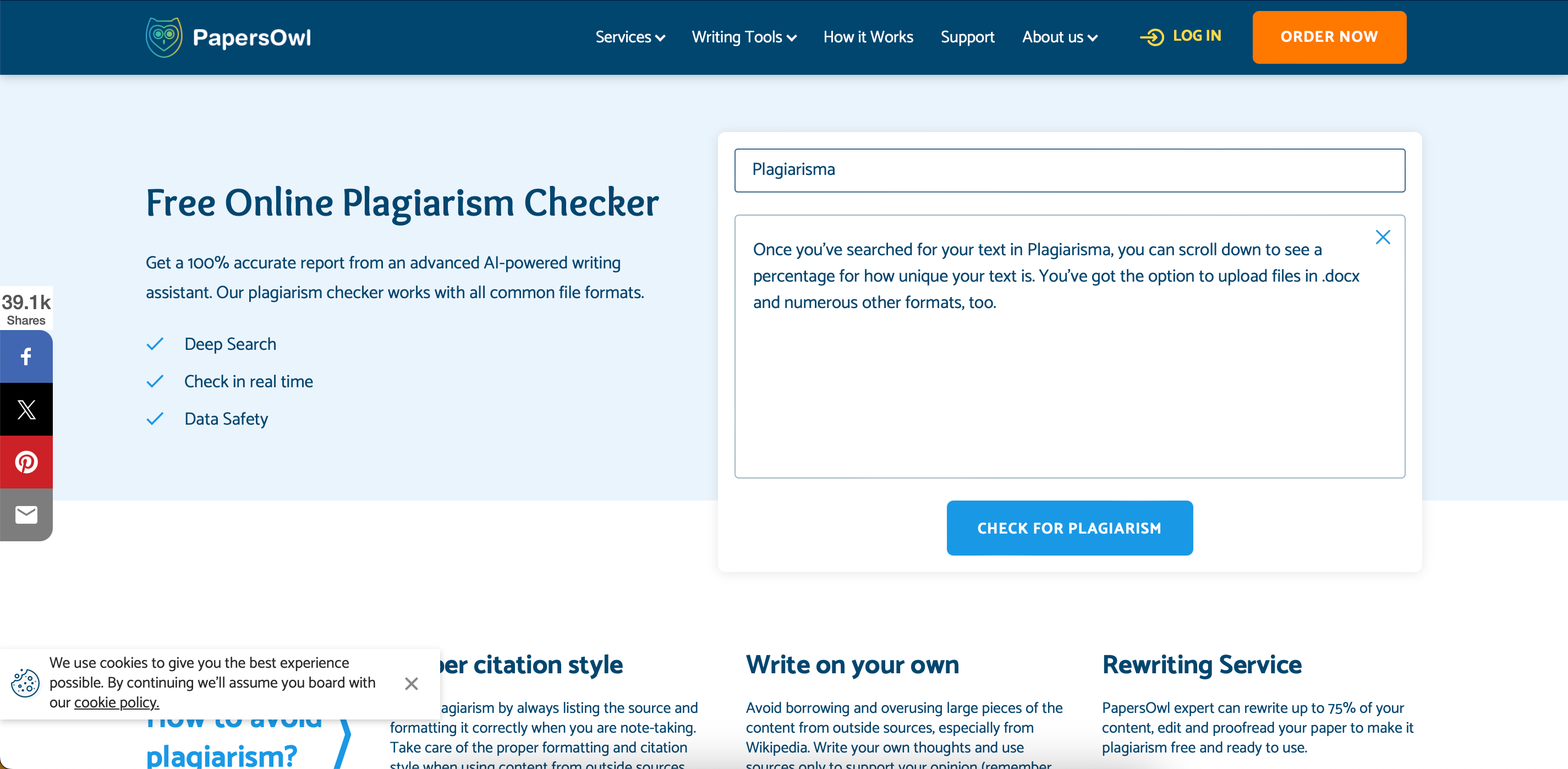 Checking text for plagiarism in PaperOwl