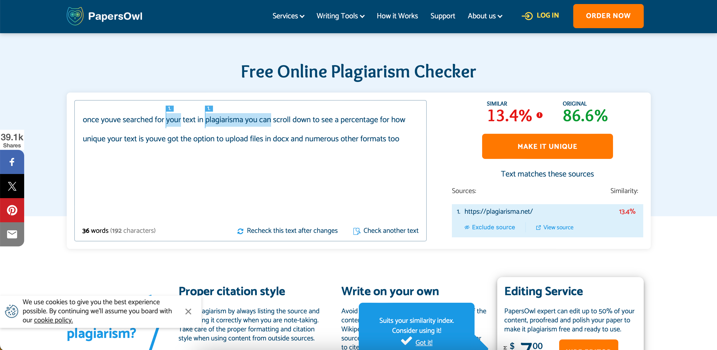 A plagiarism score for PaperOwl text