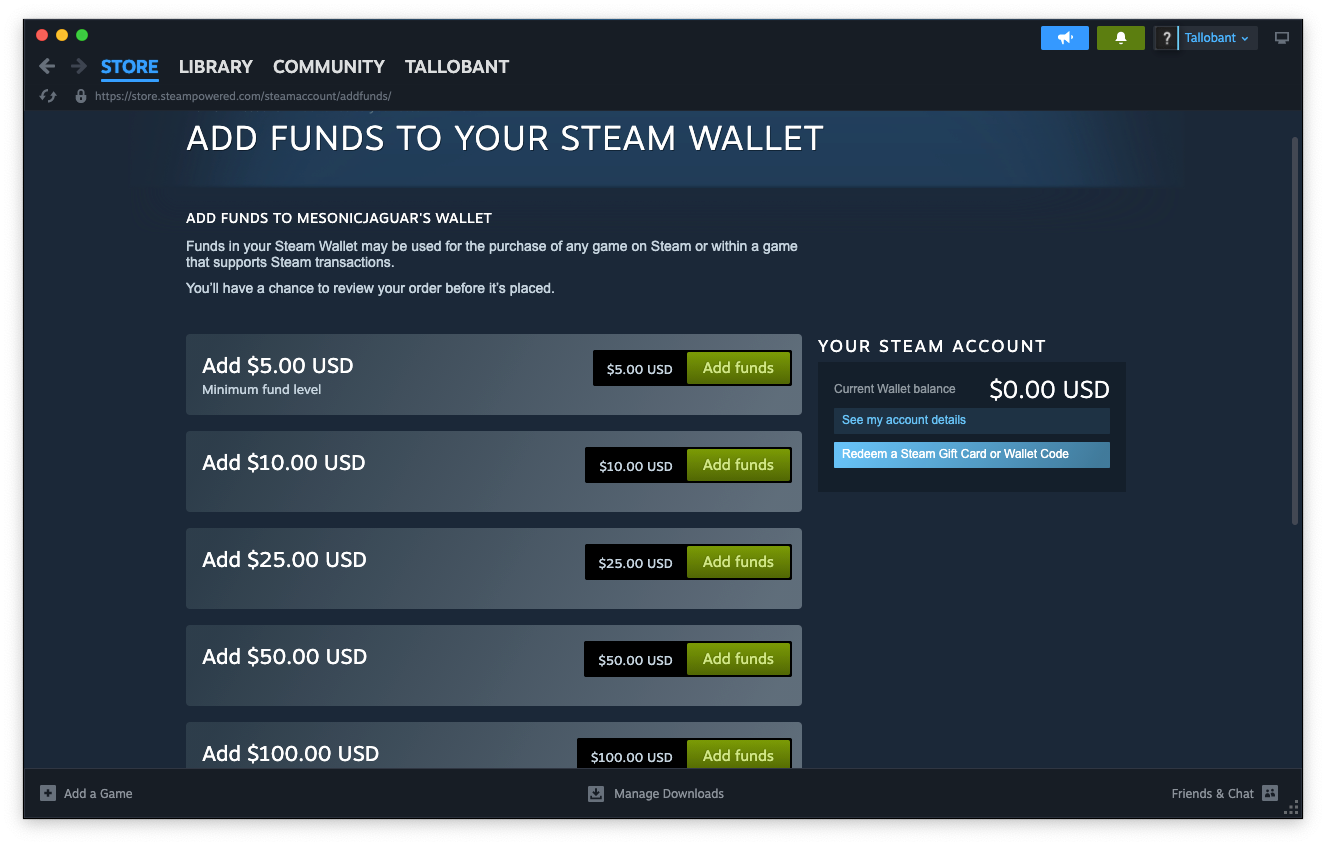 Adăugarea de fonduri pe pagina portofel pe Steam