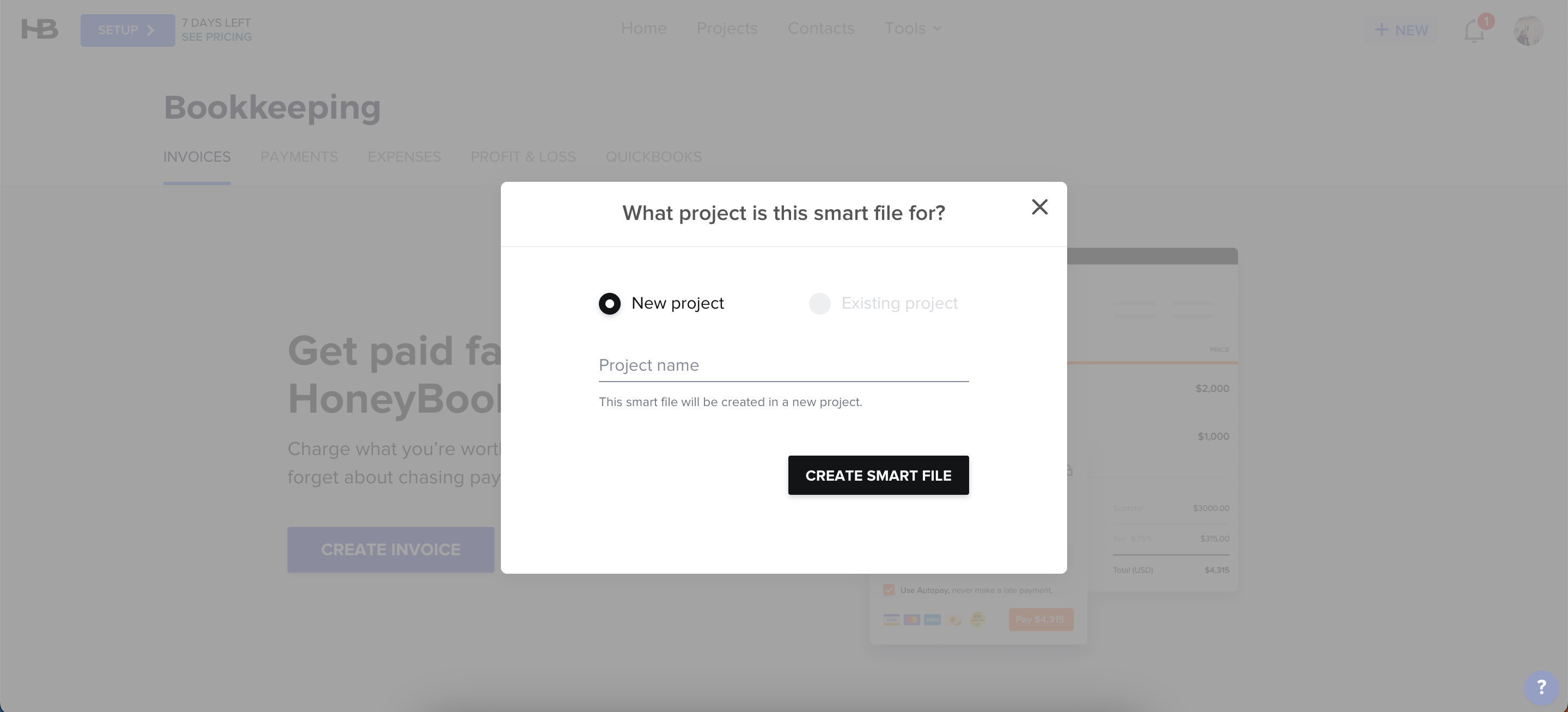 The user interface in the HoneyBook app
