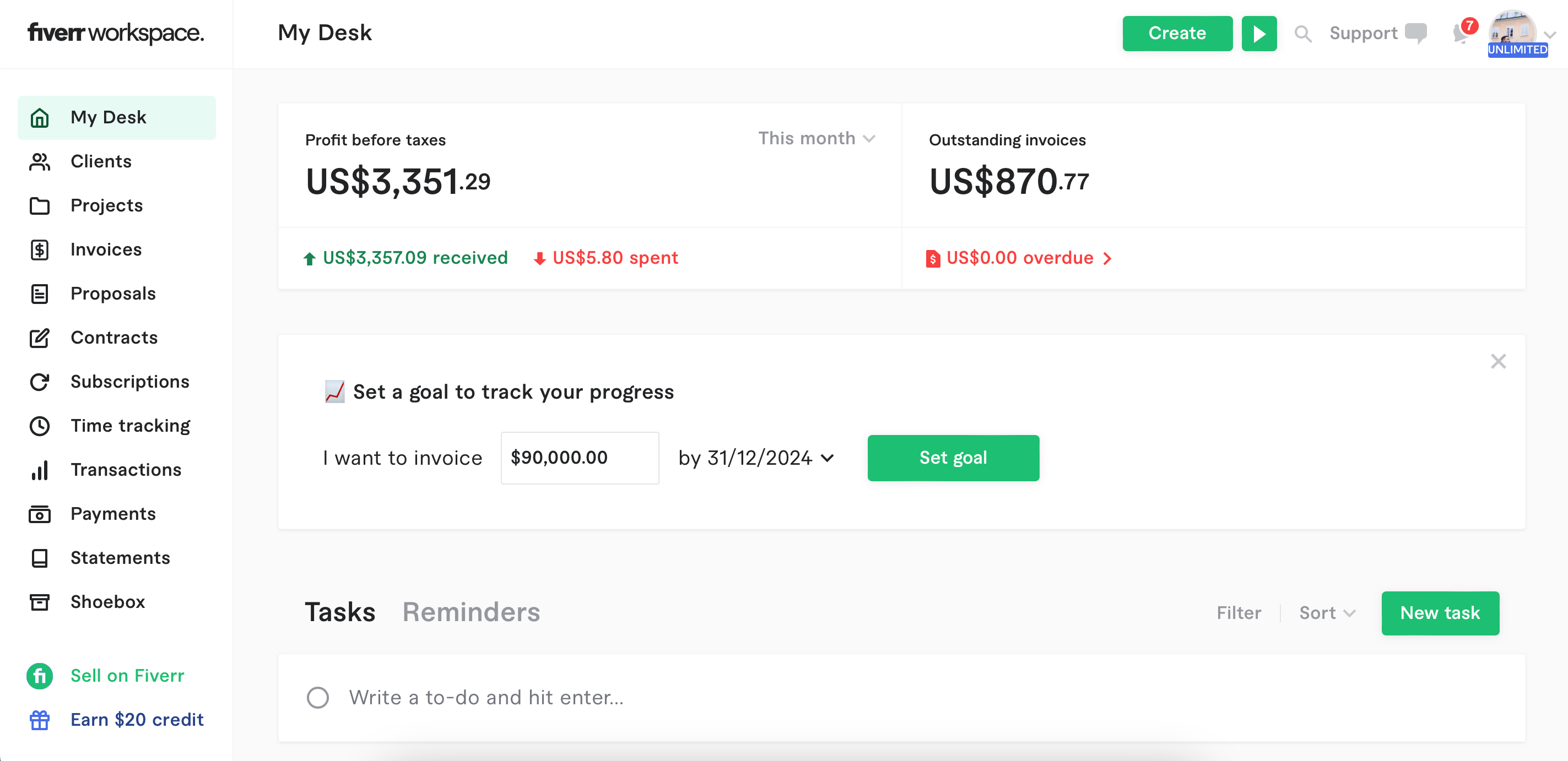 The user interface for the Fiverr Workspace app
