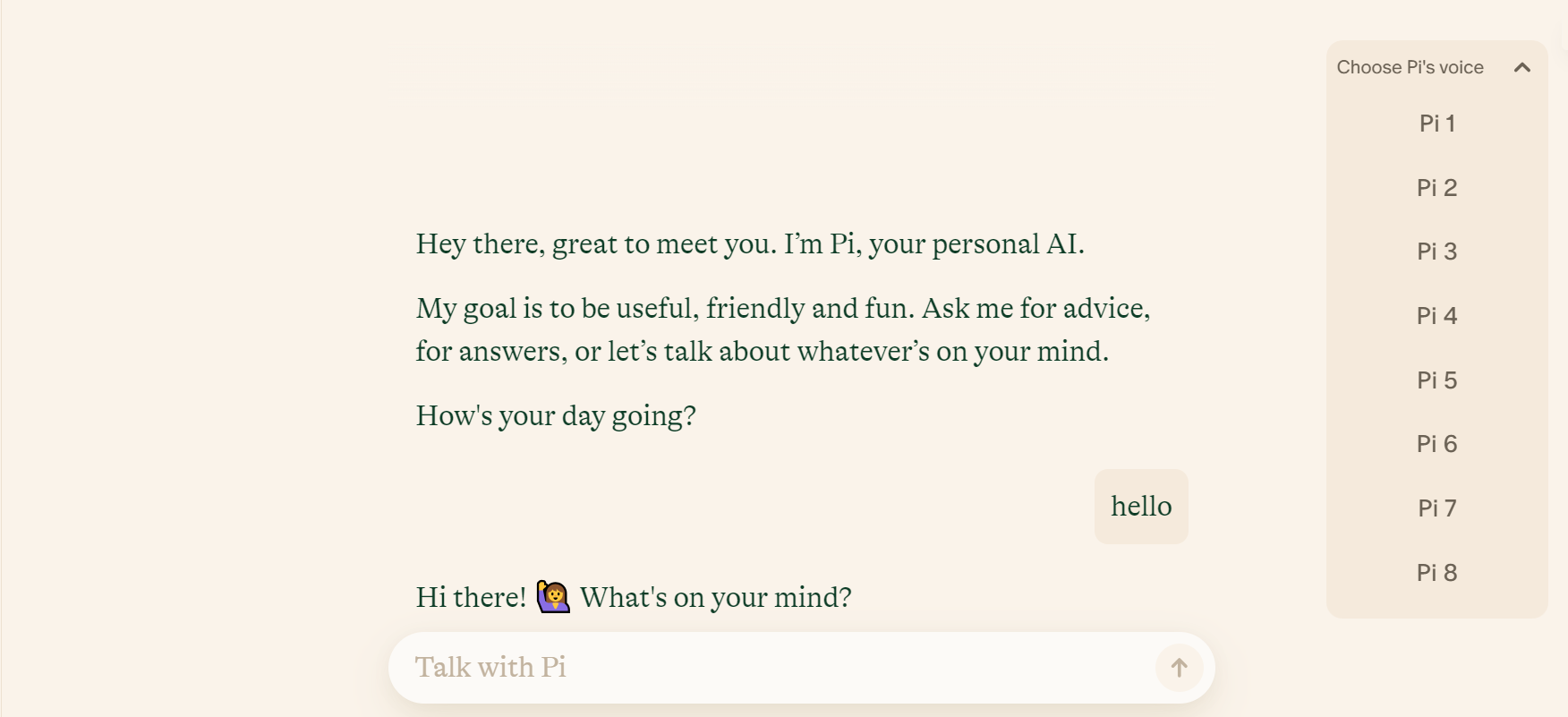 Screenshot of PI AI chatbot