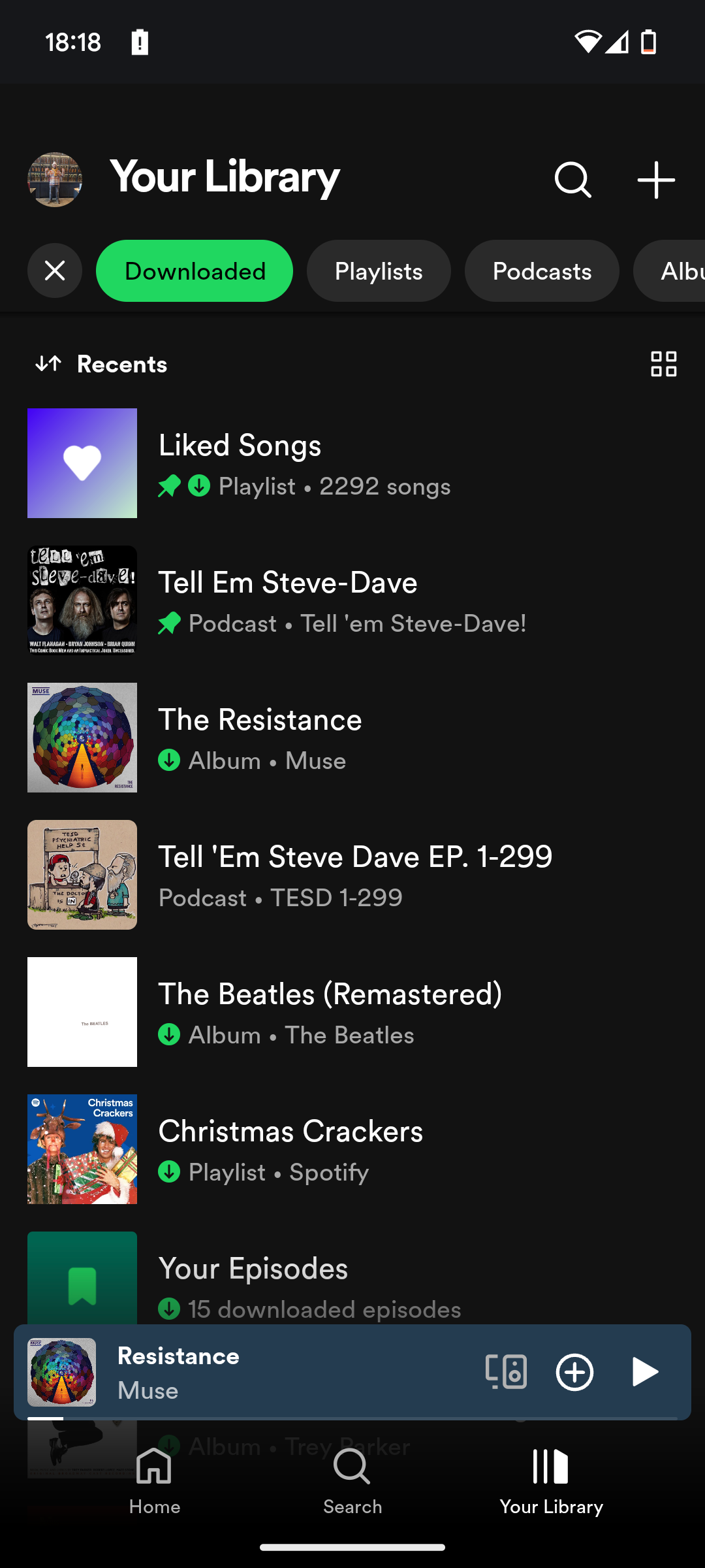 The Spotify app showing all downloaded content.