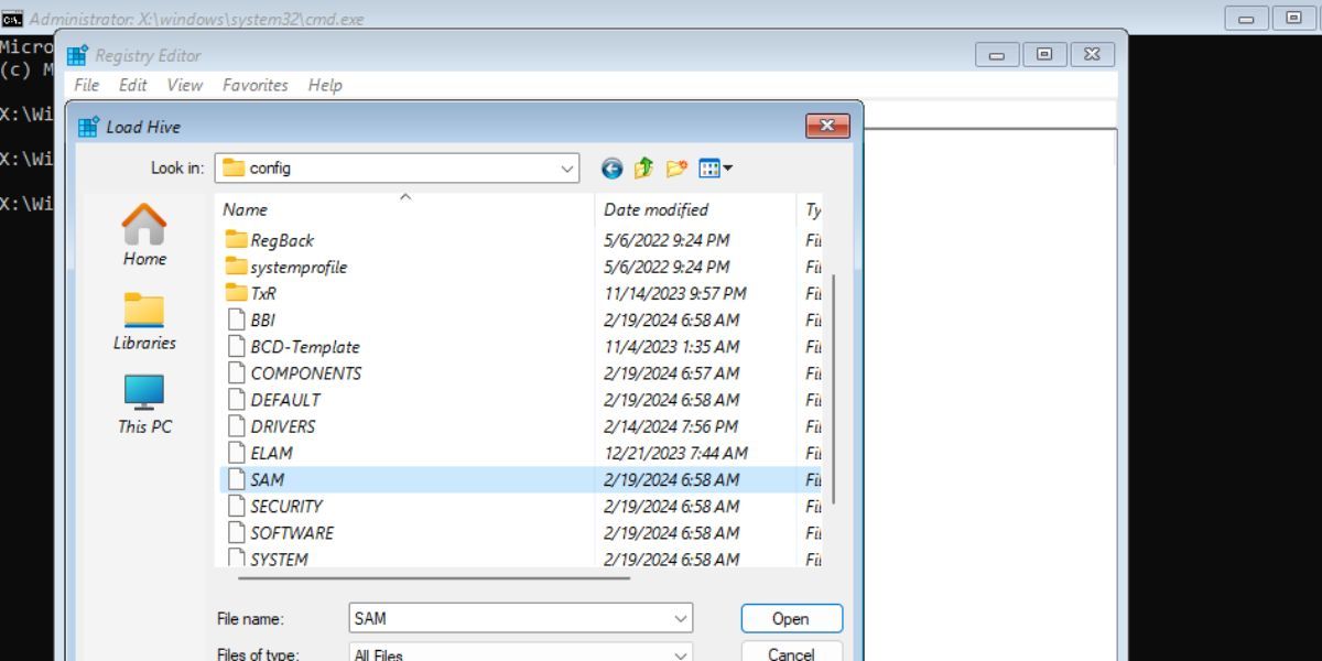select the SAM file to load Hive in registry editor