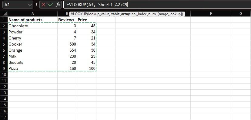 Selecting the table array with VLOOKUP in Excel