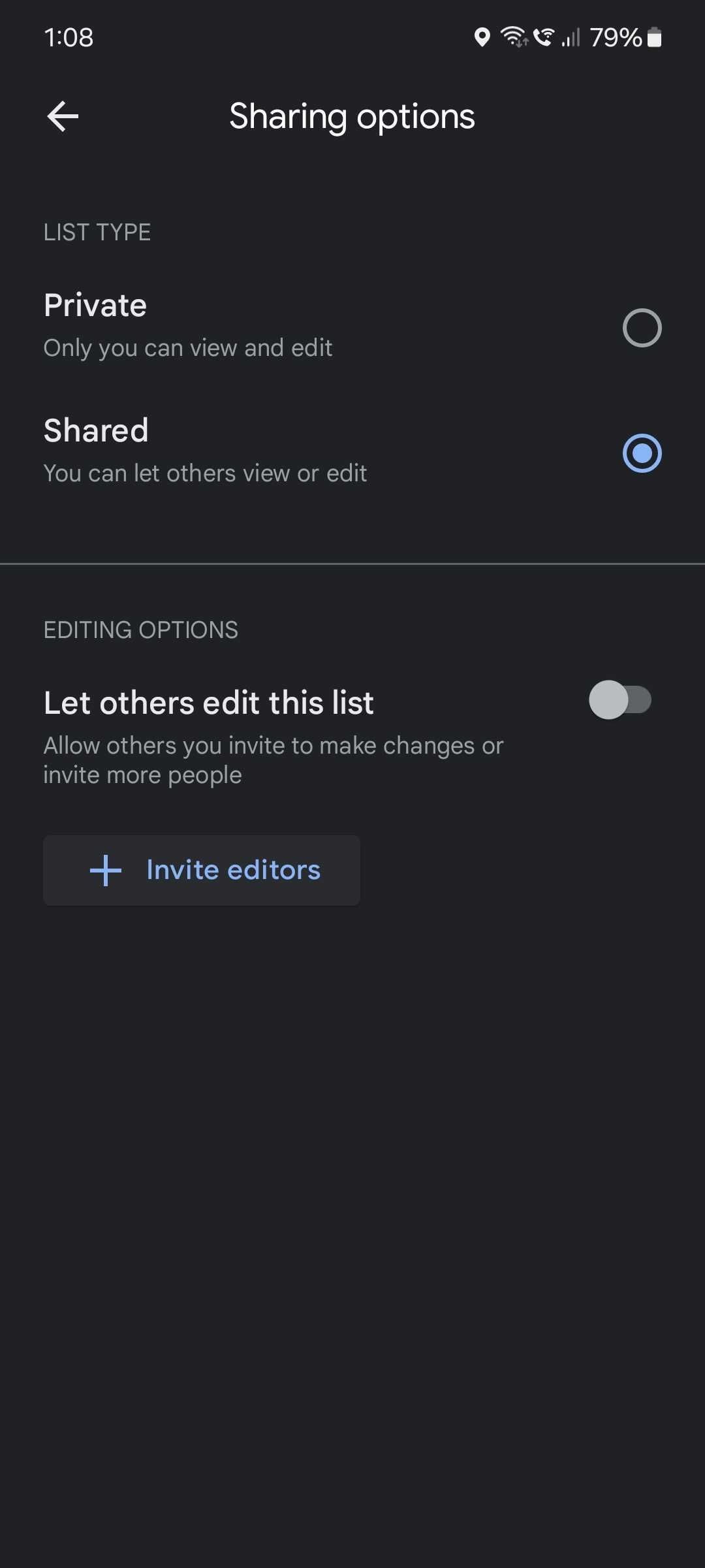 Sharing Options showing Private and Shared setting for Google Maps list