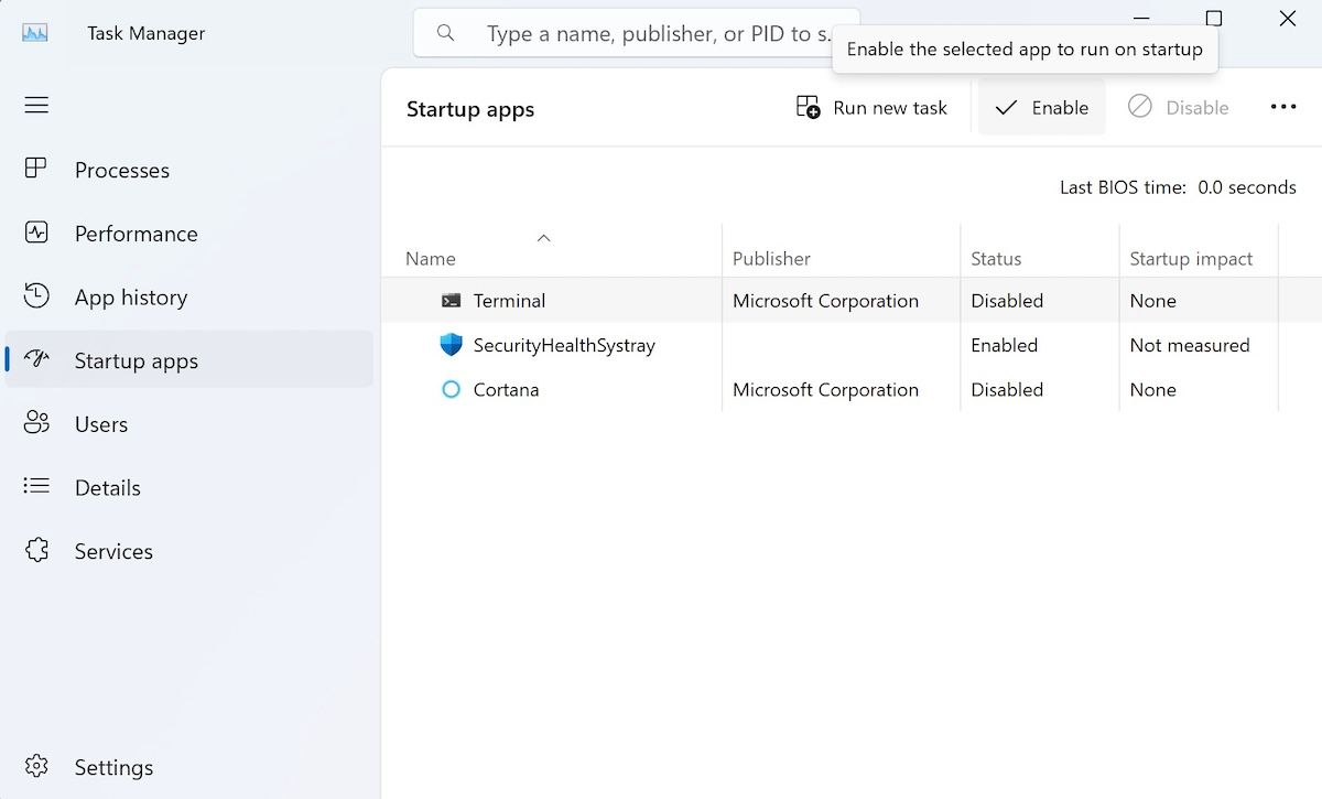 enabling apps from task manager