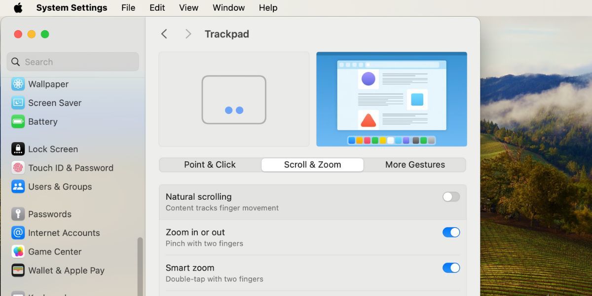trackpad settings in Mac System Settings