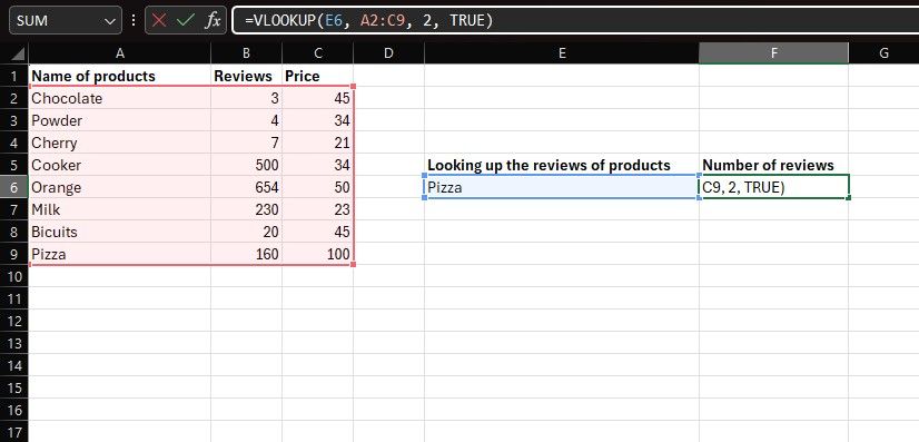 Typing the VLOOKUP formula in Excel