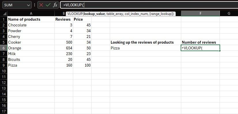 Typing the VLOOKUP function in Excel