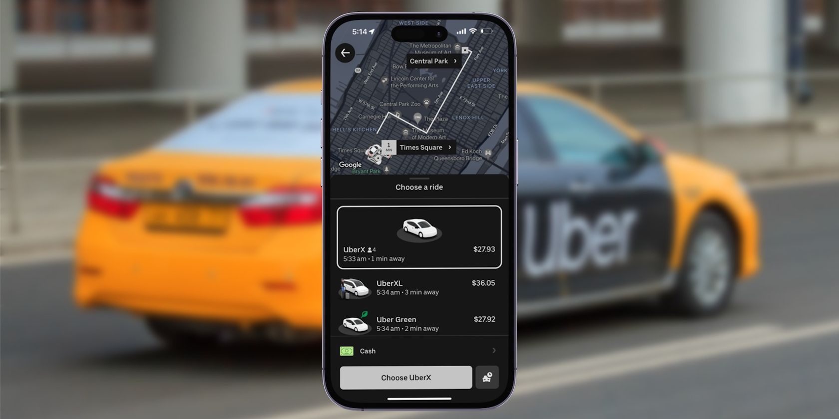 Various Uber ride types appearing on an iPhone