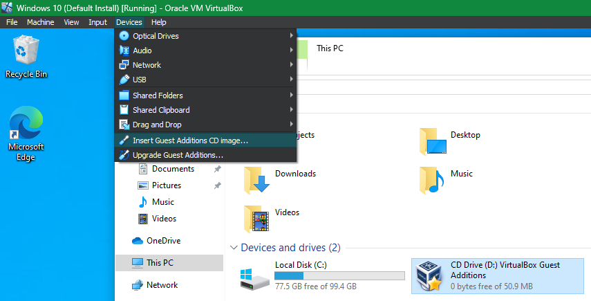 VM Windows 10 care adaugă adăugiri pentru invitați