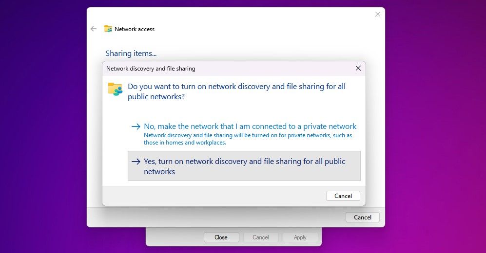 Windows 11 prompts you to enable network discovery and file sharing