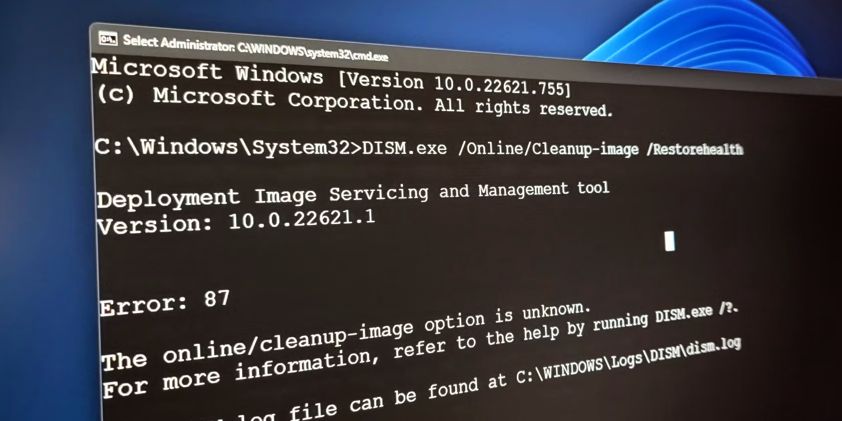 windows command prompt showing dism error