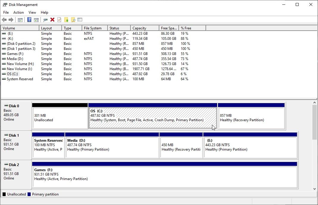 windows disk management screen with disk partitions