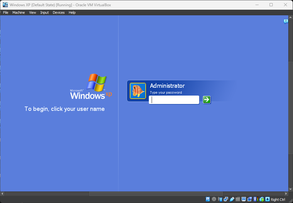 Windows XP Login Screen in VirtualBox