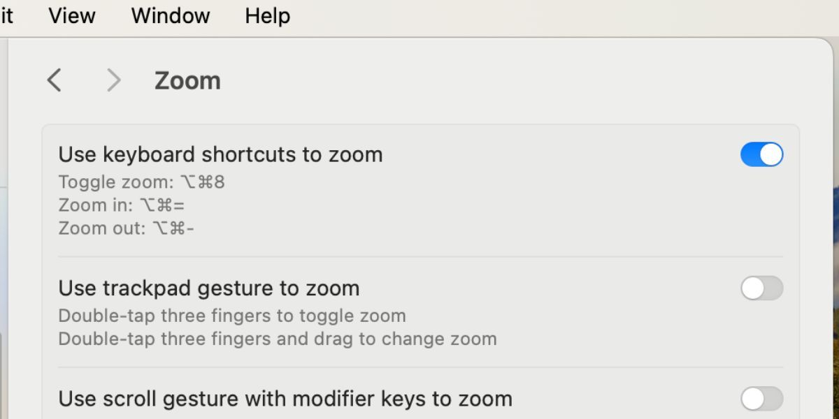 zoom keyboard shortcuts in Mac accessibility settings