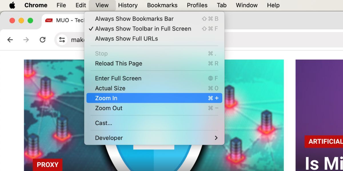 zoom options in Mac menu bar View tab