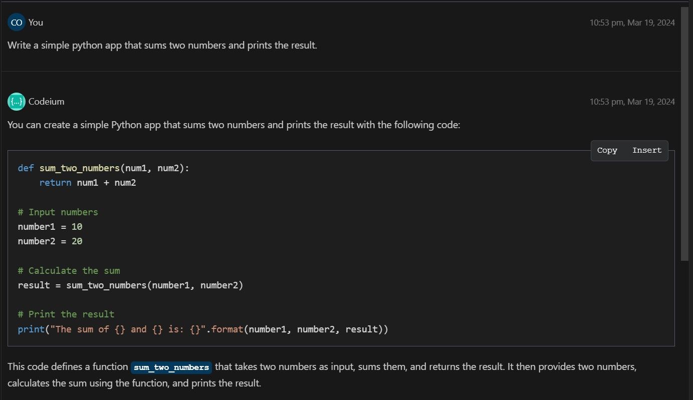 Asking Codeium to write Python code