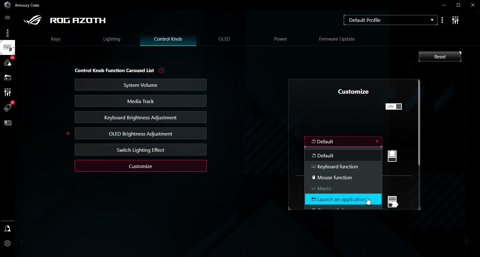 asus rog azoth armoury crate software options